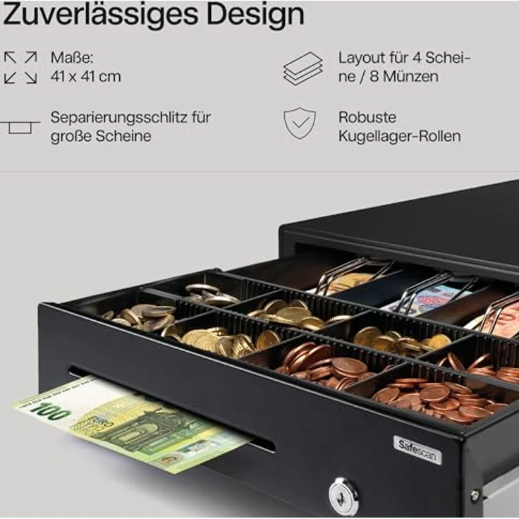 SAFESCAN Geldkassette Kassenlade SD-4141, robuste Stahlkonstruktion mit 4 Fächern für Scheine und 8 für Münzen, schwarz – Bild 3