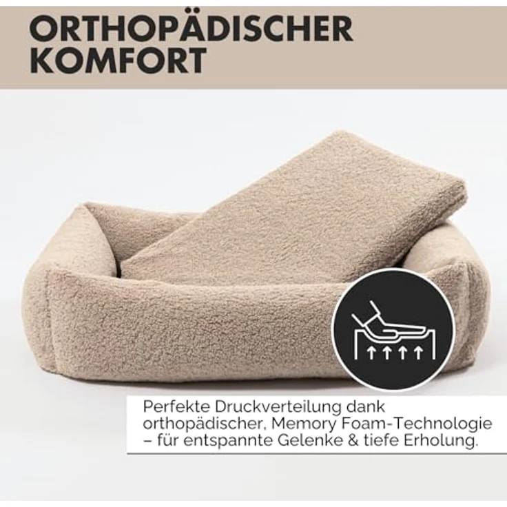 PAW WOW Sven Hundebett, orthopädisches Hundebett aus höhenwertigem OEKO-TEX Teddy-Stoff, waschbar, Greige, 70x100cm, rutschfeste Unterseite – Bild 2