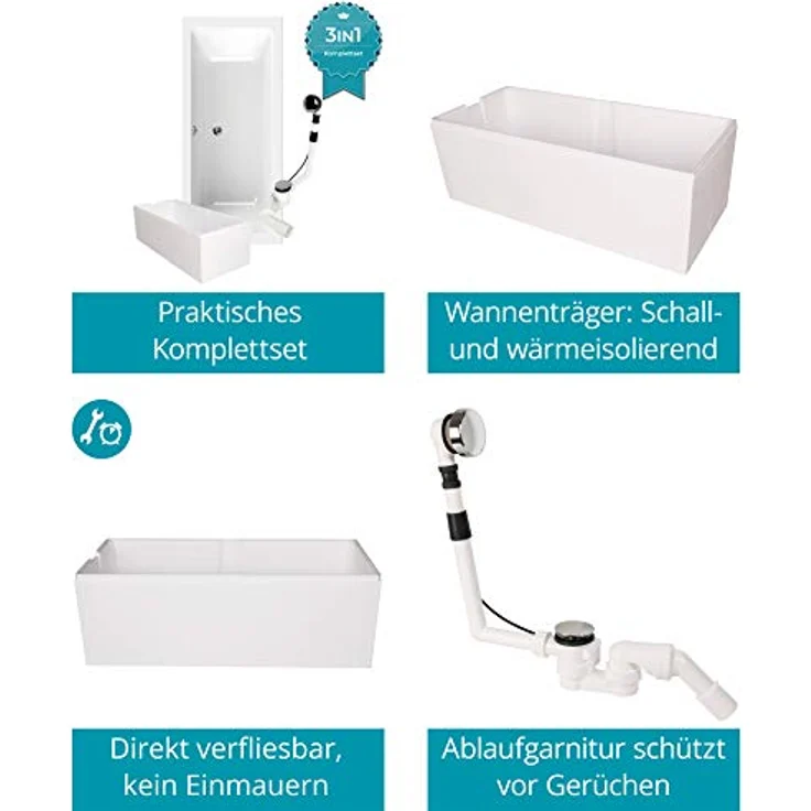 Calmwaters® Premium Badewanne Komplettset 180x80 cm mit Wannenträger & Ablaufgarnitur, Made in EU, Duobadewanne für 2, Set Acryl-Badewanne rechteckig, Moderne Rechteck Badewanne 180 x 80 cm, Weiß – Bild 4