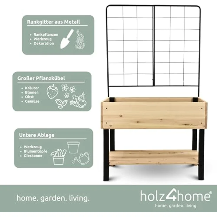holz4home Hochbeet mit Rankgitter aus Metall I Pflanzkasten mit Spalier inkl. Einlegevlies & Gartenhandschuhe I Modernes Design I Tannenholz in natur – Bild 4