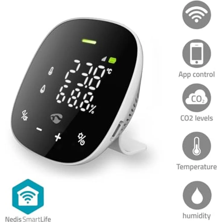 Nedis SmartLife Luftqualitätsmonitor, Wi-Fi mit Display, CO2, Luftfeuchtigkeit, Thermometer + Hygrometer, Weiss/Schwarz – Bild 2