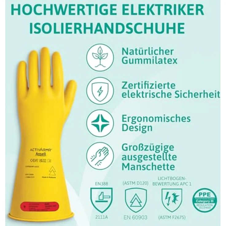 Ansell Activ ARMR RIG014Y110, Naturlatex Elektrikerhandschuh Größe 11, isoliert bis 1000 V AC, optimierte Flexibilität, erweiterte Stulpe – Bild 2