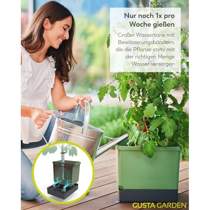Gusta Garden Pflanzkübel TOM TOMATO, Tomatentopf mit stabiler Rankhilfe und Bewässerungssystem, dunkelgrün – Bild 4