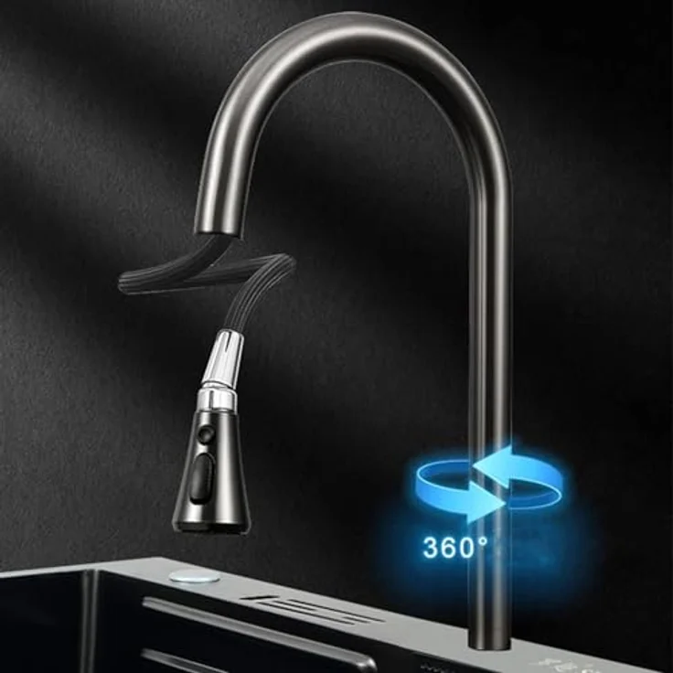 Faizee Möbel Neom Premium Edelstahlspüle & Nano Spülen in Gold - 4 Modelle mit 4-fach Wasserhahn, Wasserfall und Zubehör (75x45x20,5) – Bild 3