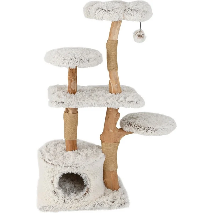 COSTWAY Kratzbaum aus Massivholz, mit Katzenhöhle und Sitzplattform, 135cm, Weiß und Natur