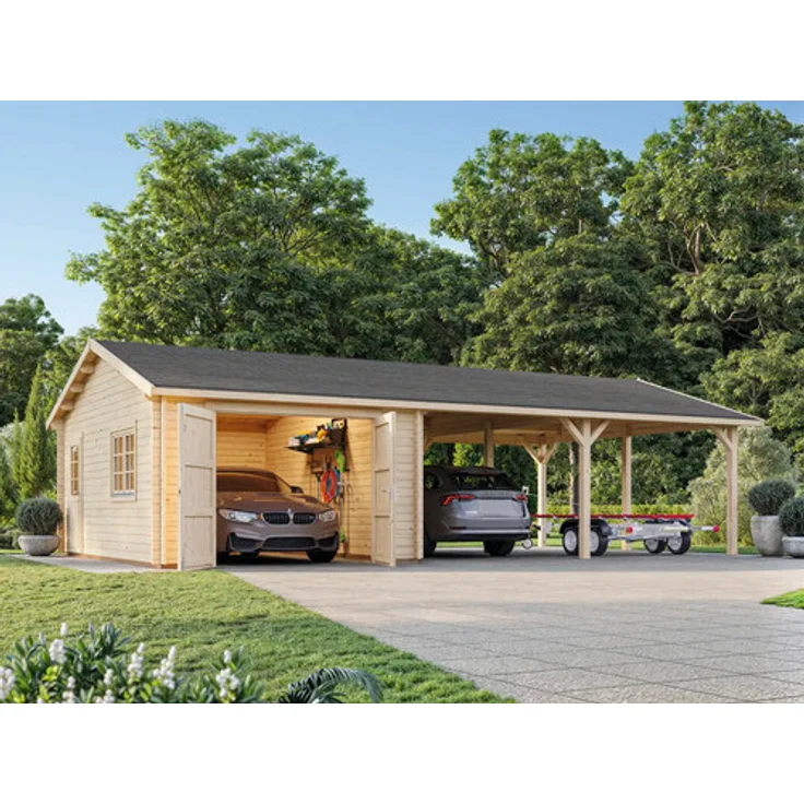 Palmako Roger Einzelgarage mit Holztor, 19,0+33,2 m², braun, Blockbohlen aus nordischer Fichte, Iso-Glas-Fenster, einfache Montage
