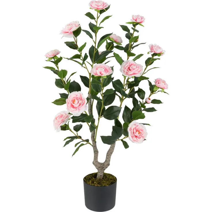COSTWAY Künstlicher Kamelienbaum, 90 cm hoch mit rosa Blüten, Kunstpflanze im stabilen Zementtopf