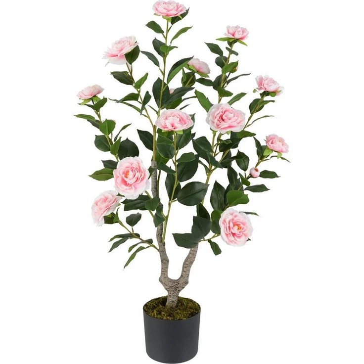 COSTWAY Künstlicher Kamelienbaum, 90 cm hoch mit rosa Blüten, Kunstpflanze im stabilen Zementtopf