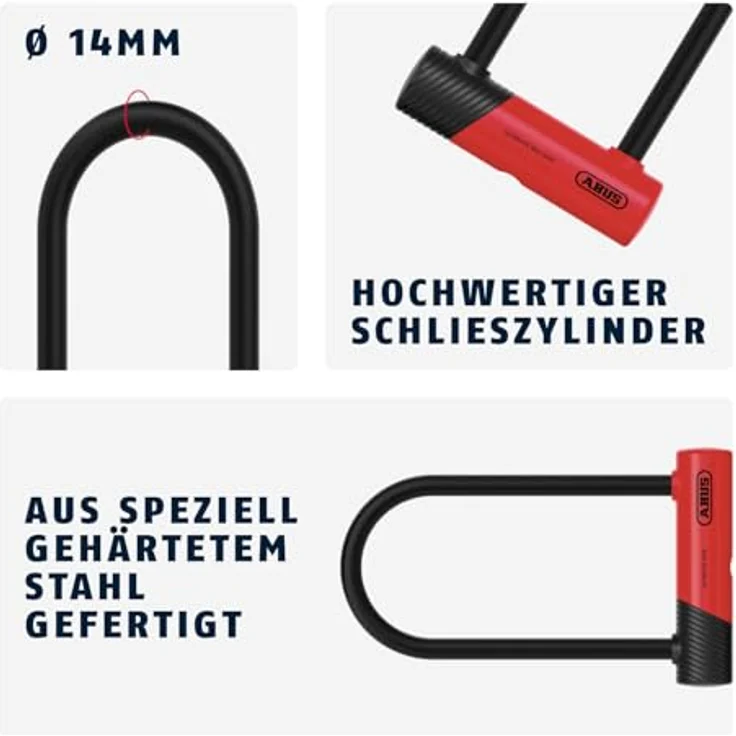 ABUS Bügelschloss Ultimate 420K/170HB230 RD USH, 14 mm gehärteter Stahl, roter Rundbügel, kompakte Halterung – Bild 4