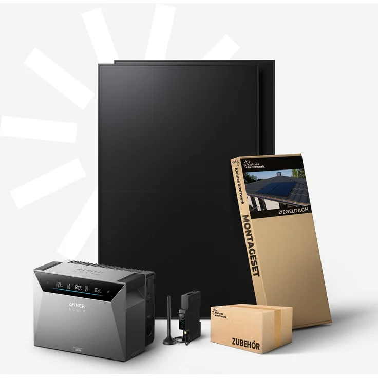 Kleines Kraftwerk Duo 960W Balkonkraftwerk mit bifazialen Sunpro BC Modulen, inkl. Anker Solarbank 4 Pro - 5,0 kWh LiFePO4 Speicher, Ziegeldach Halterung, 0% MwSt