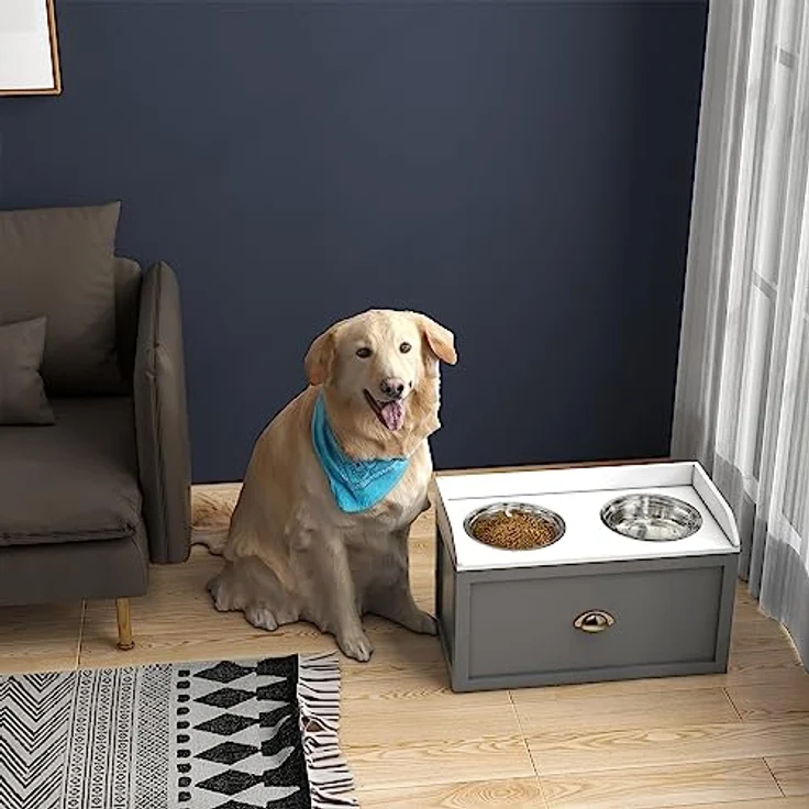 PawHut Hundenapf, 2 x 2L Futternapf, erhöhter Fressnapf mit Schublade, Edelstahlnapf, Futterstation für große Hunde, Grau – Bild 2