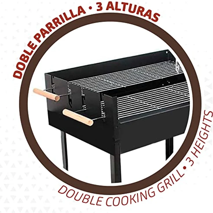 AKTIVE 52975 Holzkohle- und Holzkohlegrill mit doppeltem Grill, 100,5 x 40 x 88,5 cm, 3 höhenverstellbar, 2 integrierte Rollen für einfachen Transport, emailliertes Metall und Holz – Bild 3