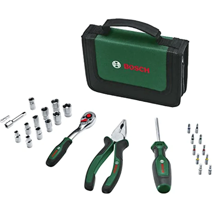 Bosch Mobility-Handwerkzeug 26-teilig, Set mit 1/4'-Ratsche, Kombizange und Universalschraubendreher in praktischer Stofftasche – Bild 1