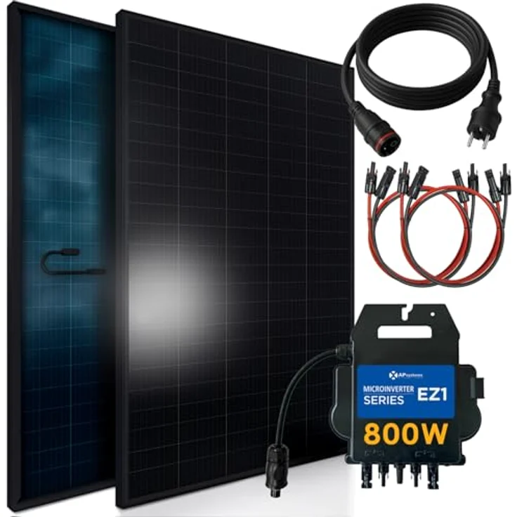 SUNNIVA® 920W Balkonkraftwerk BIFAZIAL FULLBLACK, Komplettset mit 2x460W Glas-Glas Bifacial Modulen und 800W AP Systems EZ1-M Wechselrichter, genehmigungsfrei, steckerfertig – Bild 1