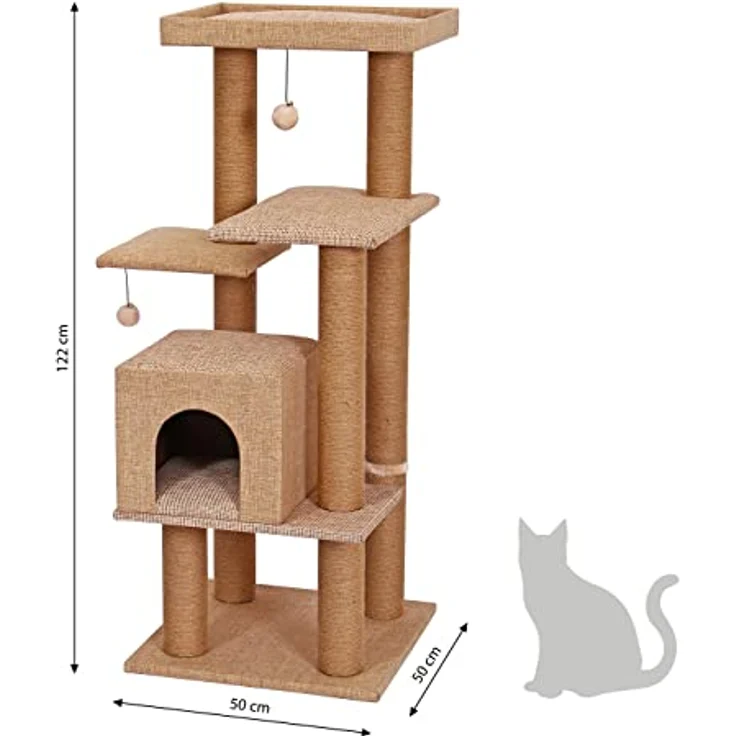 Dehner Kratzbaum Nele, Jute, beige, Kletterbaum auf fünf Ebenen mit integriertem Katzenspielzeug – Bild 3