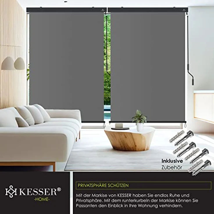 KESSER® Senkrechtmarkise Außenrollo Handkurbelmechanismus Balkonrollo Sonnen-und Sichtschutz, Beschattung Sonnenschutz Außen Rollo mit Kurbel Markisenkasten, Balkon und Terrasse, 180 x 250cm Grau – Bild 5