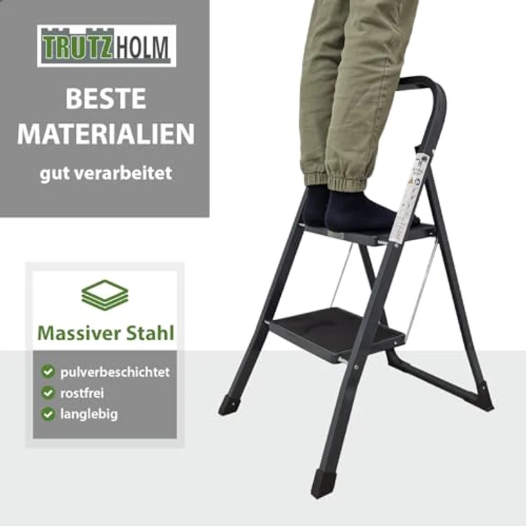 TRUTZHOLM Trittleiter 2 Stufen, klappbar, TÜV/GS zertifiziert, 150 kg Traglast, Anti-Rutsch Trittflächen, Sicherheitsverriegelung, anthrazit – Bild 2