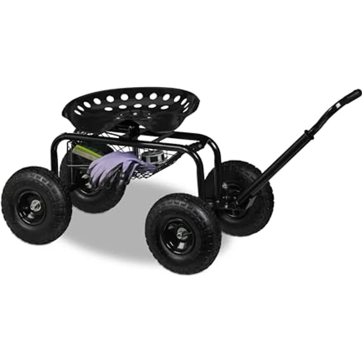 Relaxdays fahrbarer Gartensitz mit Stauraum, höhenverstellbar (40–49 cm), bis 150 kg, Stahl, schwarz, mit Luftreifen – Bild 1