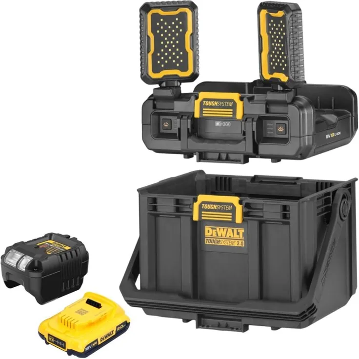 DeWalt DWST08061-1 ToughSystem 2.0 Werkzeugbox mit integrierten LED-Leuchten, 14L Volumen, 1x 2,0 Ah Akku und Ladegerät, 395 x 352 x 255 mm