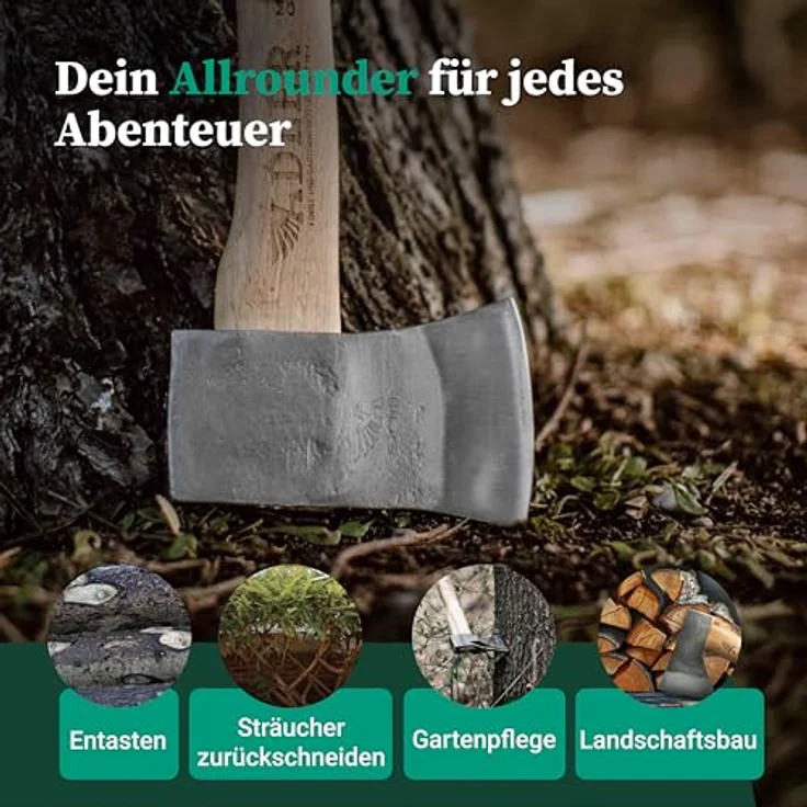 Adler Yankeebeil inkl. Lederschutz: Geschmiedetes Holzbeil aus C60-Stahl, Anti-Rutsch Griff, Survival Axt für Camping & Wandern, Braun/schwarz, 650 g – Bild 5