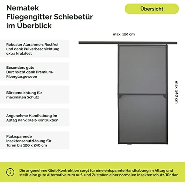 Nematek Premium Insektenschutz Schiebetür - Fliegengitter Schiebetüren für Terrassentüren als Bausatz - Fliegengitter Balkontür Schiebetür in 120 x 240 cm, anthrazit – Bild 3