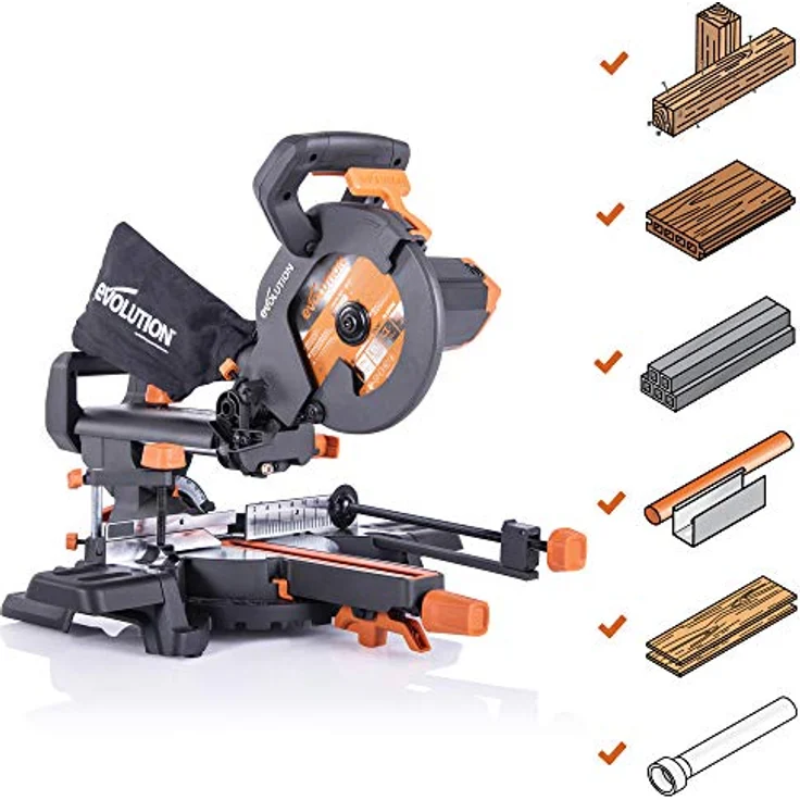 Evolution Schiebe-Kapp- und Gehrungssäge R210SMS+, 1500 W, 230 mm Schlitten, präziser Multimaterialschnitt mit Ø 210 mm HM/TCT Sägeblatt, Schrägschnitt und Gehrungswinkeln – Bild 2