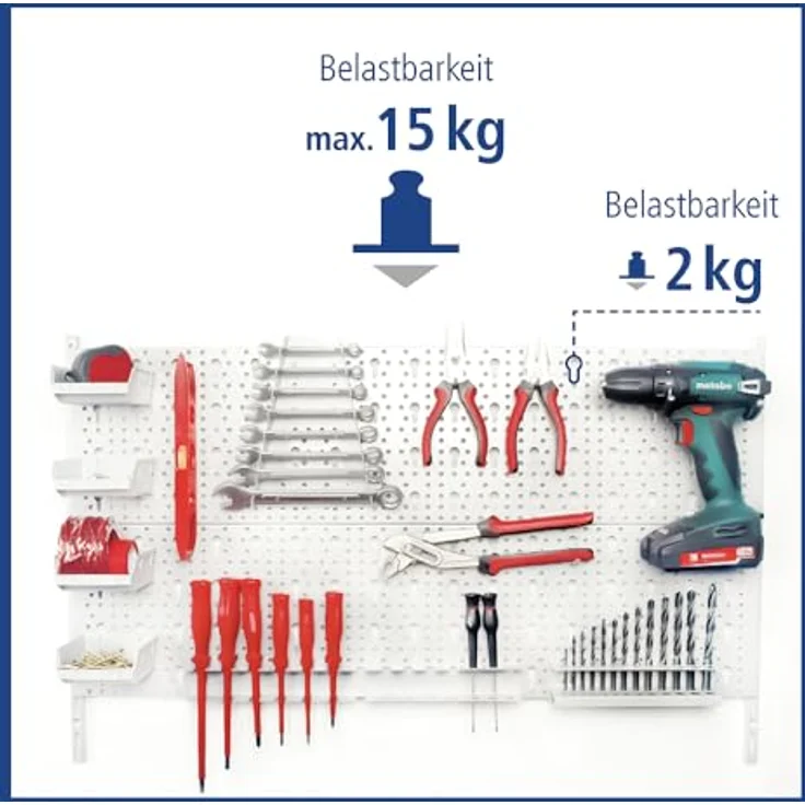 Element System DIY Element System HEIMWERKER ORGANIZER 2 – Metall-Werkzeugwand mit 2 Stahl-Lochplatten (800 x 200 mm), weiß, inkl. 29-teiligem Set von Halterungen und Montagematerial – Bild 4