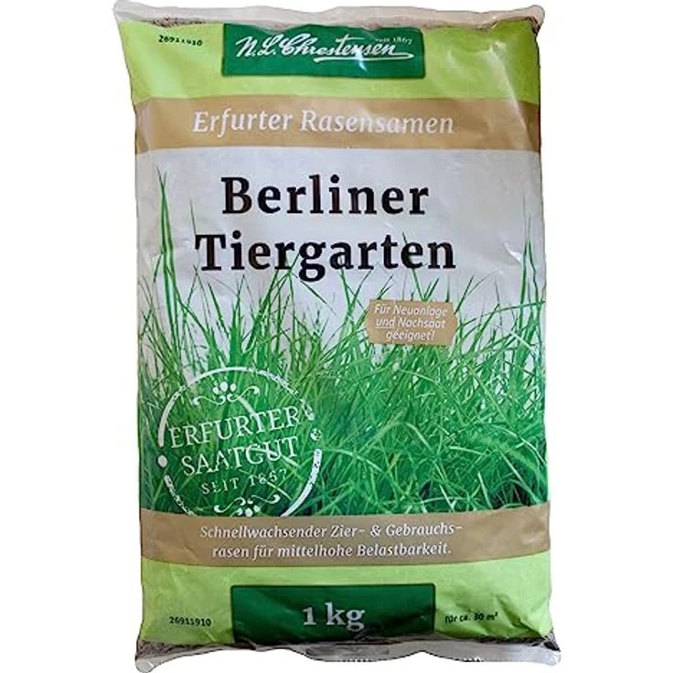 Chrestensen Berliner Tiergarten Rasensamen, schnellwachsende Mischung für 30m² mit mittelhoher Belastbarkeit und mittelfeinem Rasenwuchs, 1 kg – Bild 1