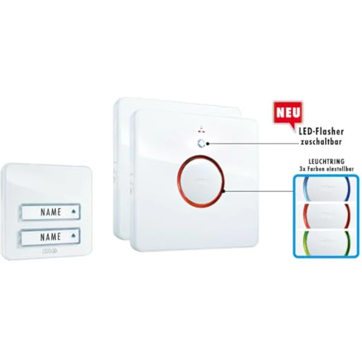m-e BELL-232.3 Funkklingel Set für 2-Familien-Haus, LED-Leuchtring mit 8 Melodien und stufenloser Lautstärkeregelung, spritzwassergeschützt IP44, mit Namensschild, bis zu 200 m Reichweite – Bild 4