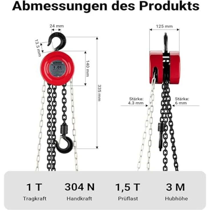 Wiltec Kettenzug 1000Kg 1T 3M, Flaschenzug mit drehbarem Lasthaken und robuster Stahlkonstruktion – Bild 3