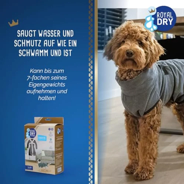Royal Dry Mikrofaser Bademantel Hund S, schnell trocknend mit Klettverschluss, grau, für kleine Hunde (Rückenlänge 37-45 cm) – Bild 4