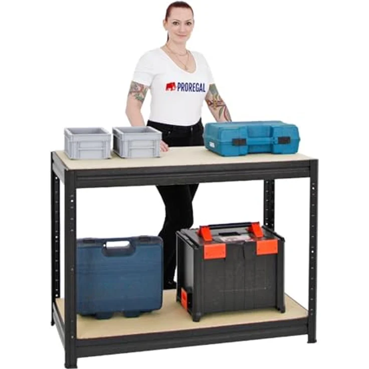 PROREGAL® Werkbank DINO, Höhenverstellbare Werkbank 90x120x60cm, Traglast 600kg, Schwarz, Einlegeböden in 5 cm Schritten einstellbar – Bild 2