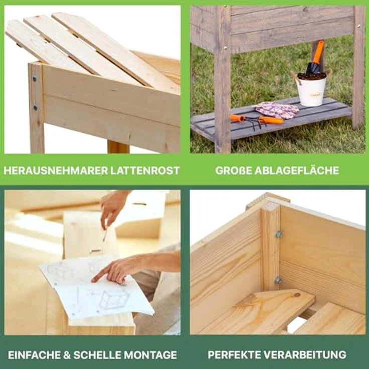 ITA Hochbeet aus Holz 80x37x78 cm - Pflanzkasten mit Ablageboden & Innenfolie - Made in EU - FSC Kiefernholz - Grau – Bild 4