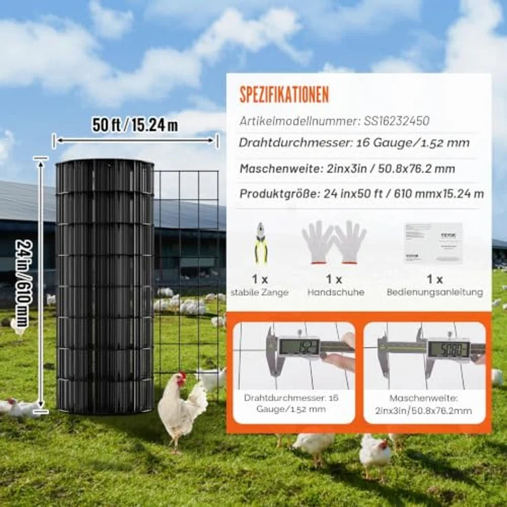 VEVOR Volierendraht 61 x 1524 cm, Vinylbeschichteter Maschendrahtzaun, 1,52 mm für Hühnerstallbarrieren und Kaninchenzäune, schwarz – Bild 7