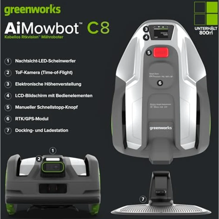 Greenworks Mähroboter AiMowbot 8, kabelloser Rasenmäher mit RTKVision für Rasenflächen bis 800 m², 54 dB Geräuschpegel – Bild 3
