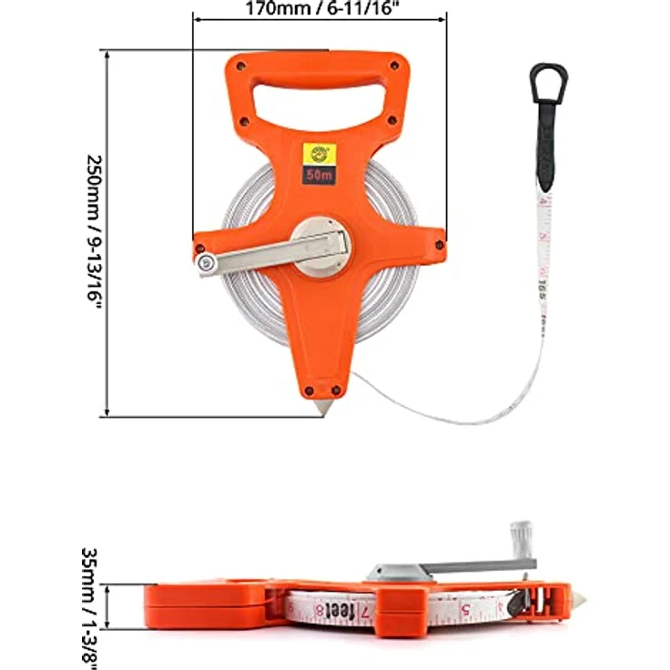 QWORK Bandmaß Fiberglas 50M / 165 FT, Doppelseitiges Rollmaßband mit ergonomischem Griff und schnellem Aufwickeln – Bild 5