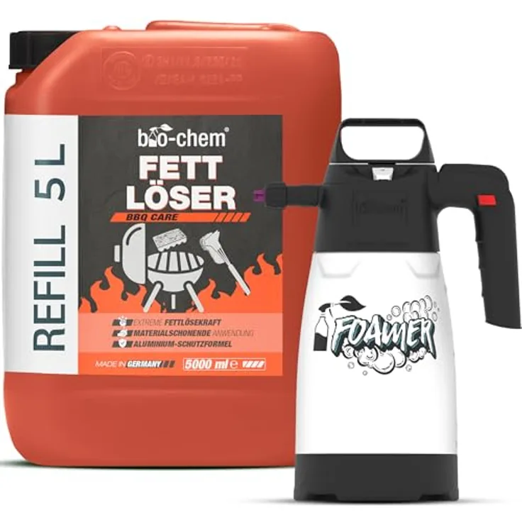bio-chem Grillreiniger 5 Liter Kanister mit Schaumsprüher - Effektive Fettlöskraft, materialschonend für alle Oberflächen, lebensmittelecht