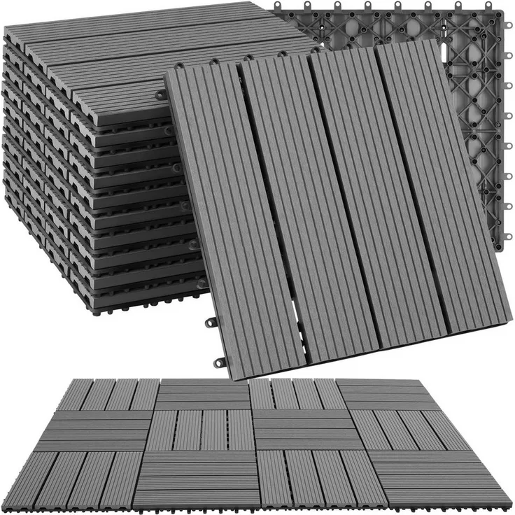 tectake Terrassenfliesen Tegulas, 11-teiliges Klicksystem, 1,0571 m², Holzoptik, rutschfest und wetterfest, 31x31 cm