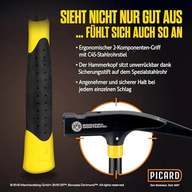 PICARD Hammer Latthammer 760g mit BVB-Logo, schwarz-gelb, geraut, ergonomischer 2K Griff – Bild 4