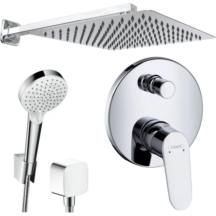 Hansgrohe und Jowi Unterputz-Duschsystem mit Focus Duscharmatur und quadratischer Edelstahl-Kopfbrause, wahlweise 250/300/360mm