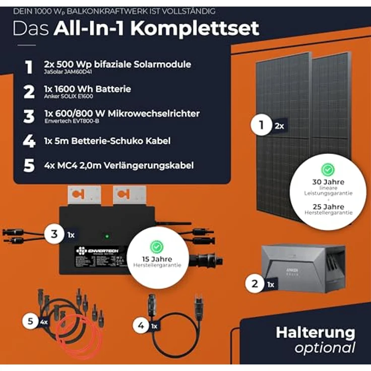 Solarway® 1000W Balkonkraftwerk mit Speicher 800W, 1,6 kWh Anker Solix 500W Solarmodule, Envertech Wechselrichter, steckfertig, genehmigungsfrei – Bild 5