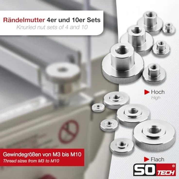 SO-TECH Rändelmutter Edelstahl V2A (SS304) M10 hohe Form DIN 466, 10er Set mit gerändelten Seitenflächen für bessere Griffigkeit – Bild 6