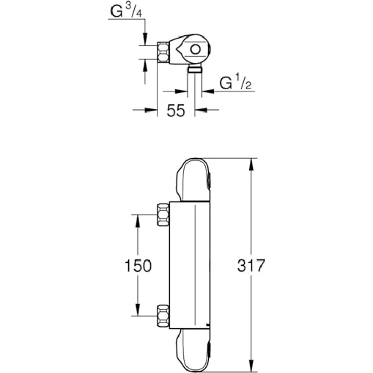 Grohe Grohtherm 1000, Thermostat-Brausebatterie ohne Anschlüsse, Chrom, mit GROHE CoolTouch Sicherheitsgehäuse und EcoButton – Bild 2