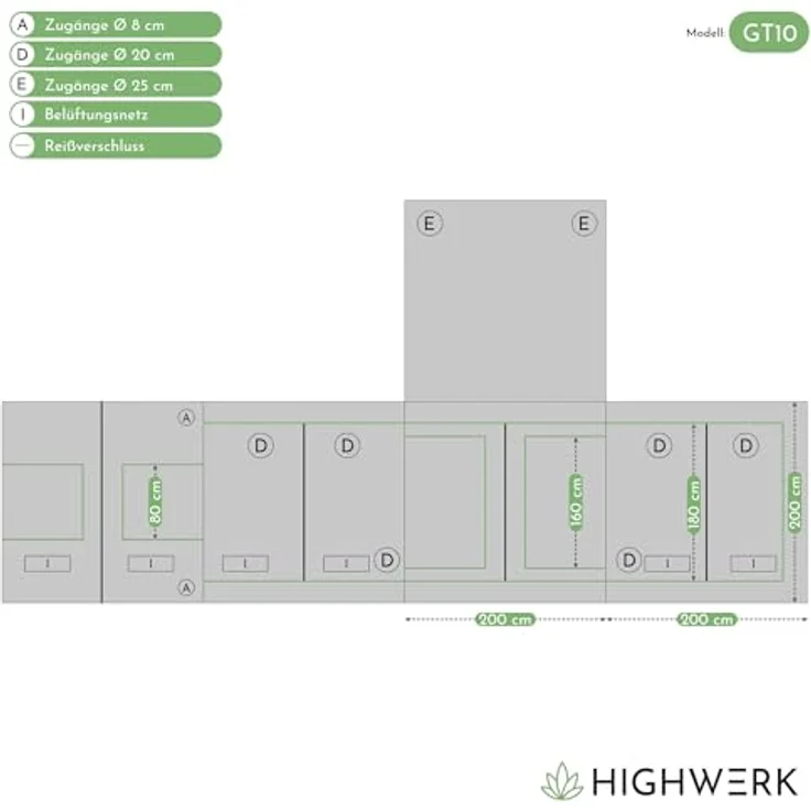 HIGHWERK Growzelt "MyHomeGrow" 200 x 200 x 200 cm, lichtundurchlässiges Indoor Zuchtzelt mit hochreflektierender Innenseite, schwarz grün – Bild 2