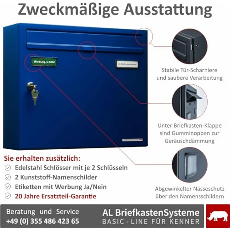 AL Briefkastensysteme Briefkasten blau RAL 5010 Basic 1er Briefkasten mit Namensschild und Schloss 1 Fach DIN A4 wetterfest - Postkasten Mailbox  – Bild 3