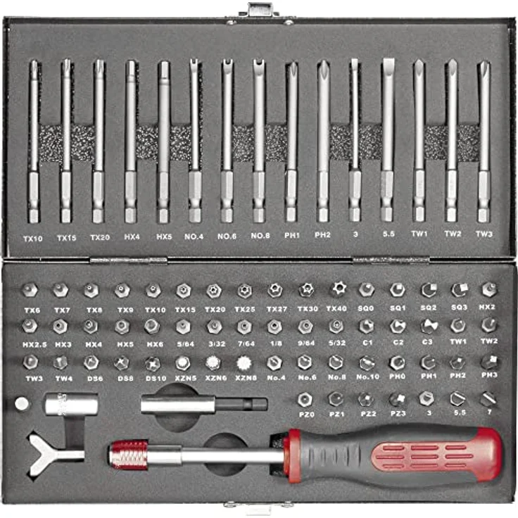 TOOLCRAFT HT02183 820952 Bit-Set 75teilig Schlitz, Innen-Sechskant, Clutch, Tri-Wing, TORQ, Innen-Vielzahn (XZN), Kreuz – Bild 1