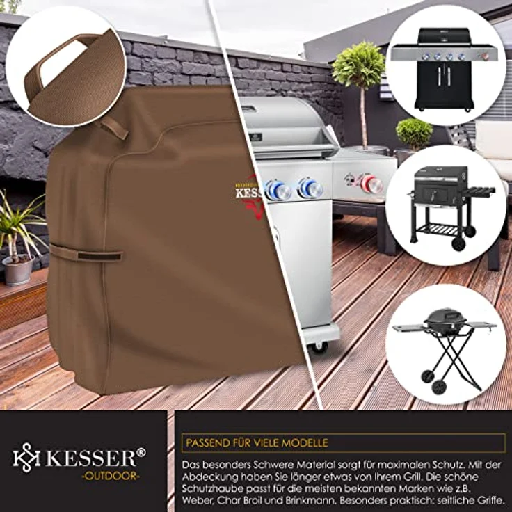 KESSER Premium BBQ Grillabdeckung Gasgrill Grillhaube Abdeckung Wetterfest - für Weber, Brinkmann, Char Broil Grill Abdeckhaube Schutzhülle 600D Oxford- Gewebe Reißfest Braun, 147 x 61 x 122 cm (BxTxH) – Bild 6