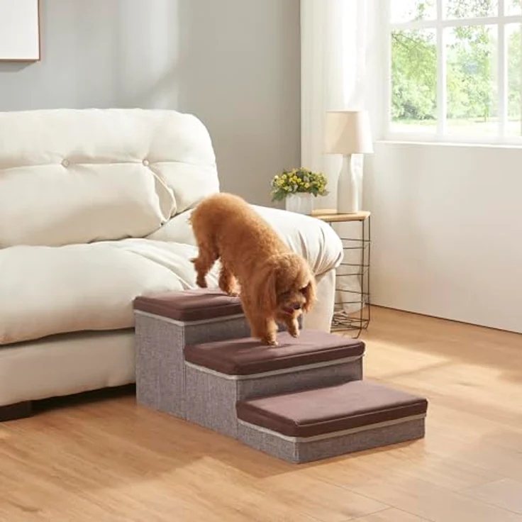 [en.casa] Hundetreppe Vojens Hunderampe für kleine Hunde 3-stufig Haustierleiter für Bett und Sofa Klappbar Katzentreppe aus Schaumstoff 30cm hoch Aufstiegshilfe 75x40x30cm – Bild 2