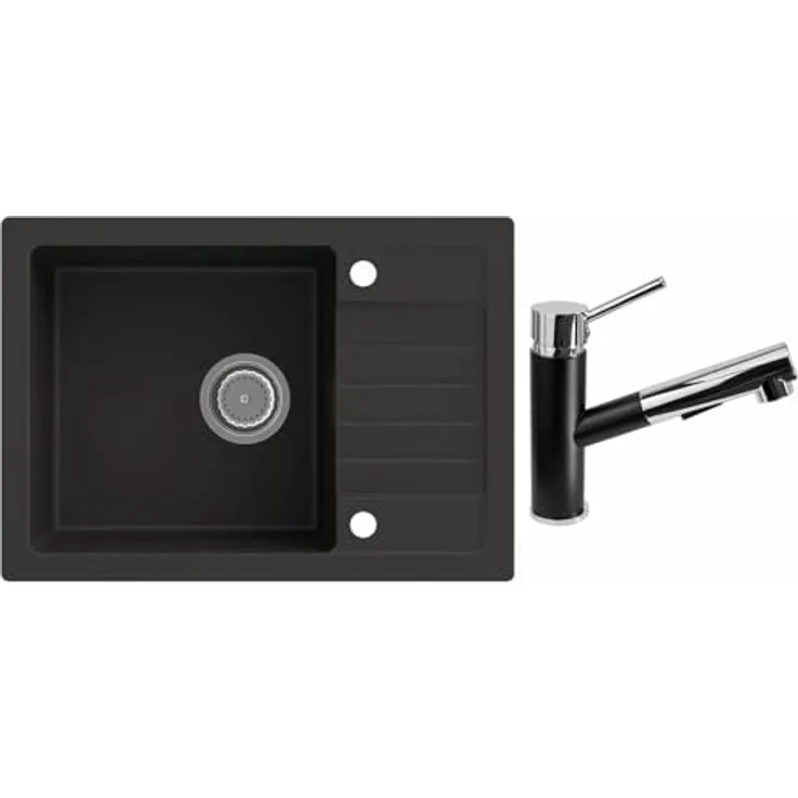 Lindbergh Spülen Rein Schwarz Antibakterielle Granit Spüle "SIM44 + 1-Nero" + Siphon Einbauspüle Küchenspüle Spülbecken + IMPRÄGNIERUNG - Verbundstoffe MADE IN GERMANY (5. Spüle SIM44 + Armatur 1-Nero)