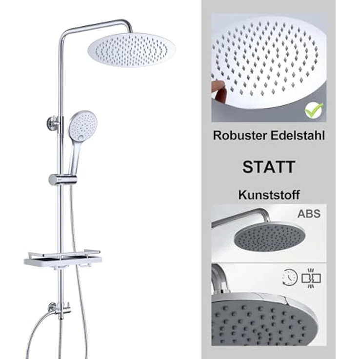 JOHO Edelstahl Duschsystem mit 25 cm Regendusche, ohne Armatur, verstellbare Duschstange und Handbrause mit 3 Strahlarten, Chrom – Bild 2
